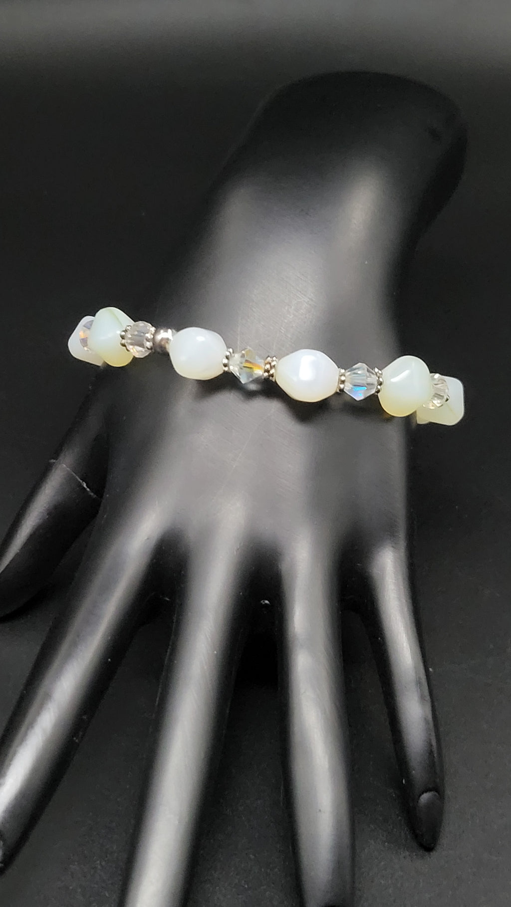 UV Glow Uranium White Glass Czech Beads, Crystals 8" Stretch Bracelet