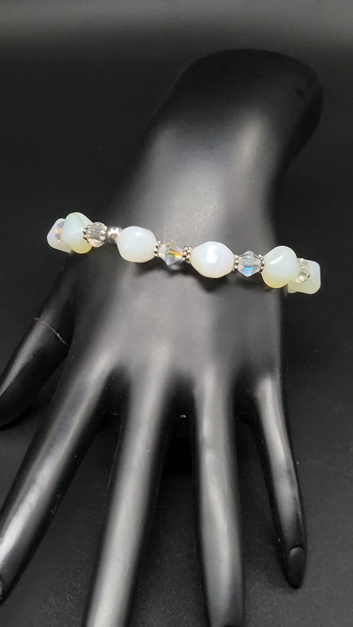 UV Glow Uranium White Glass Czech Beads, Crystals 8" Stretch Bracelet