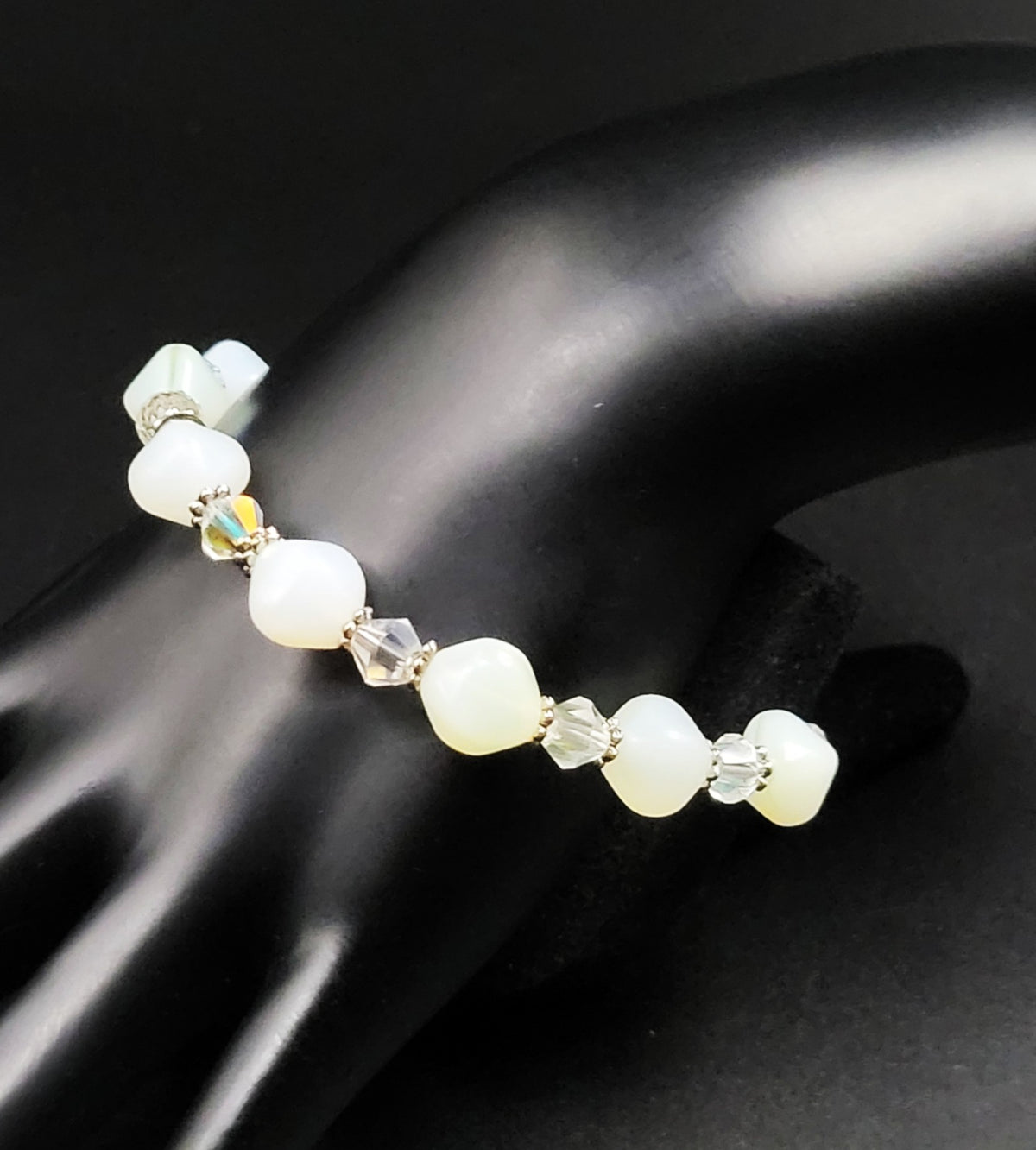 UV Glow Uranium White Glass Czech Beads, Crystals 8" Stretch Bracelet