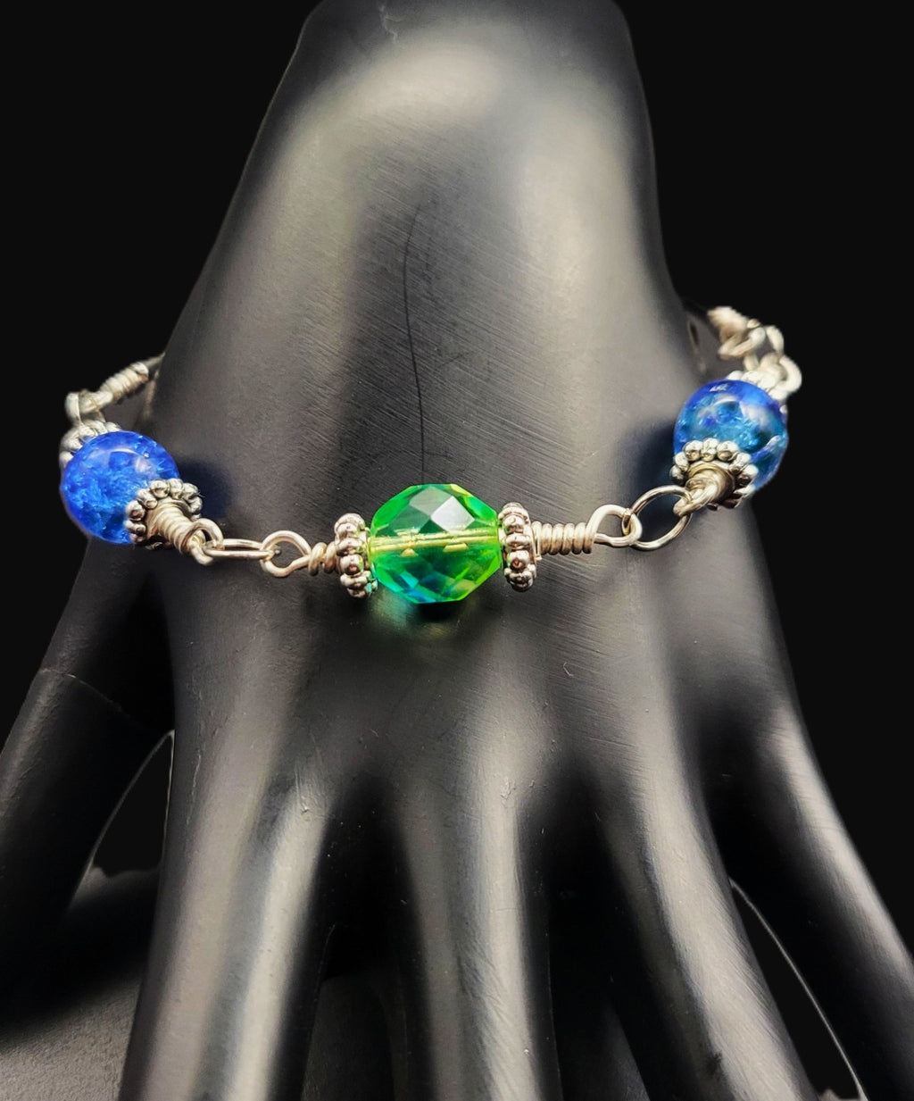 UV Glow Uranium Glass Hand Wired Czech Beads  7" Bracelet with Spacers