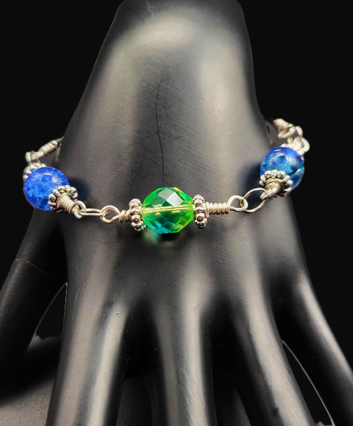 UV Glow Uranium Glass Hand Wired Czech Beads  7" Bracelet with Spacers