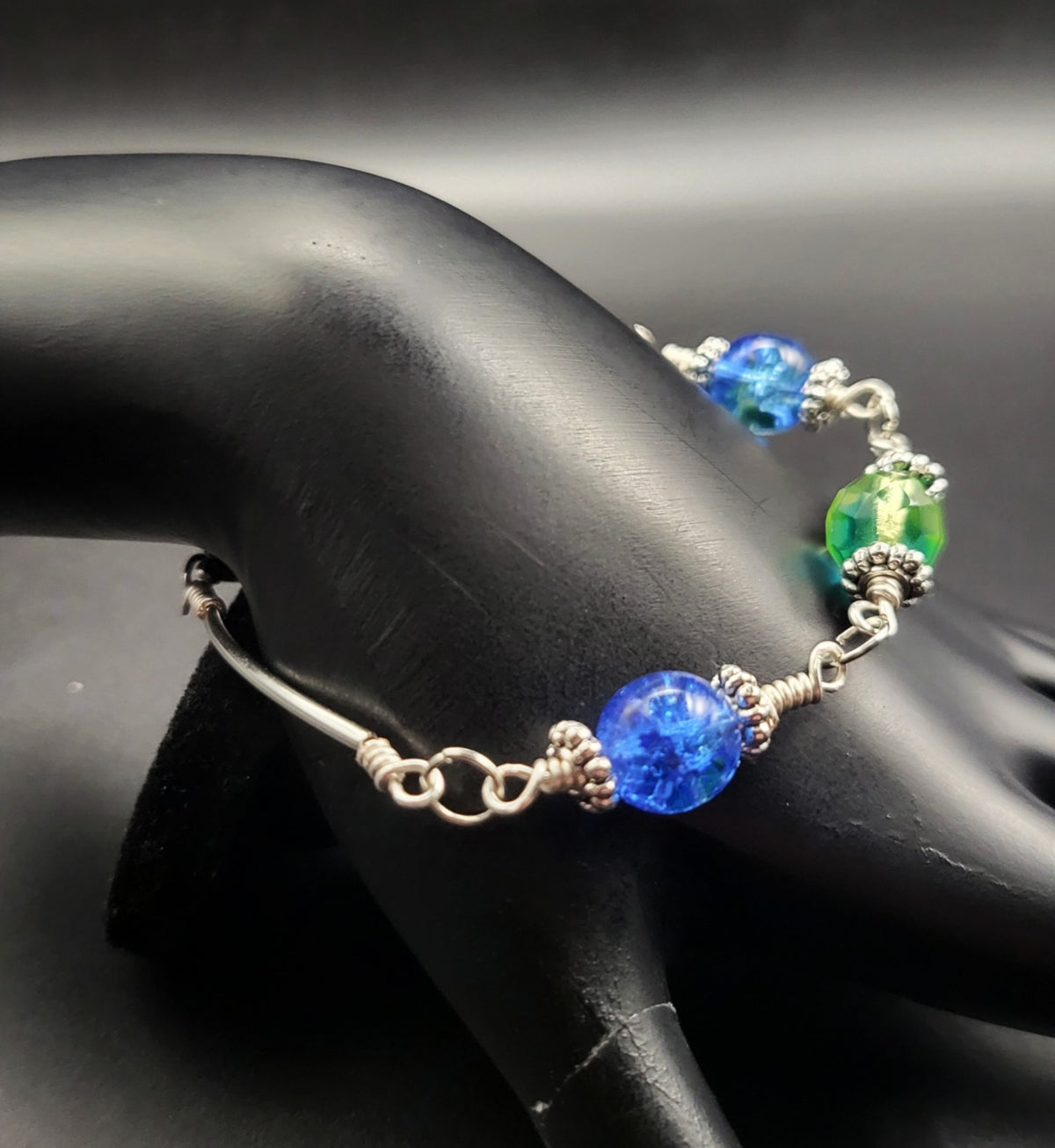 UV Glow Uranium Glass Hand Wired Czech Beads  7" Bracelet with Spacers