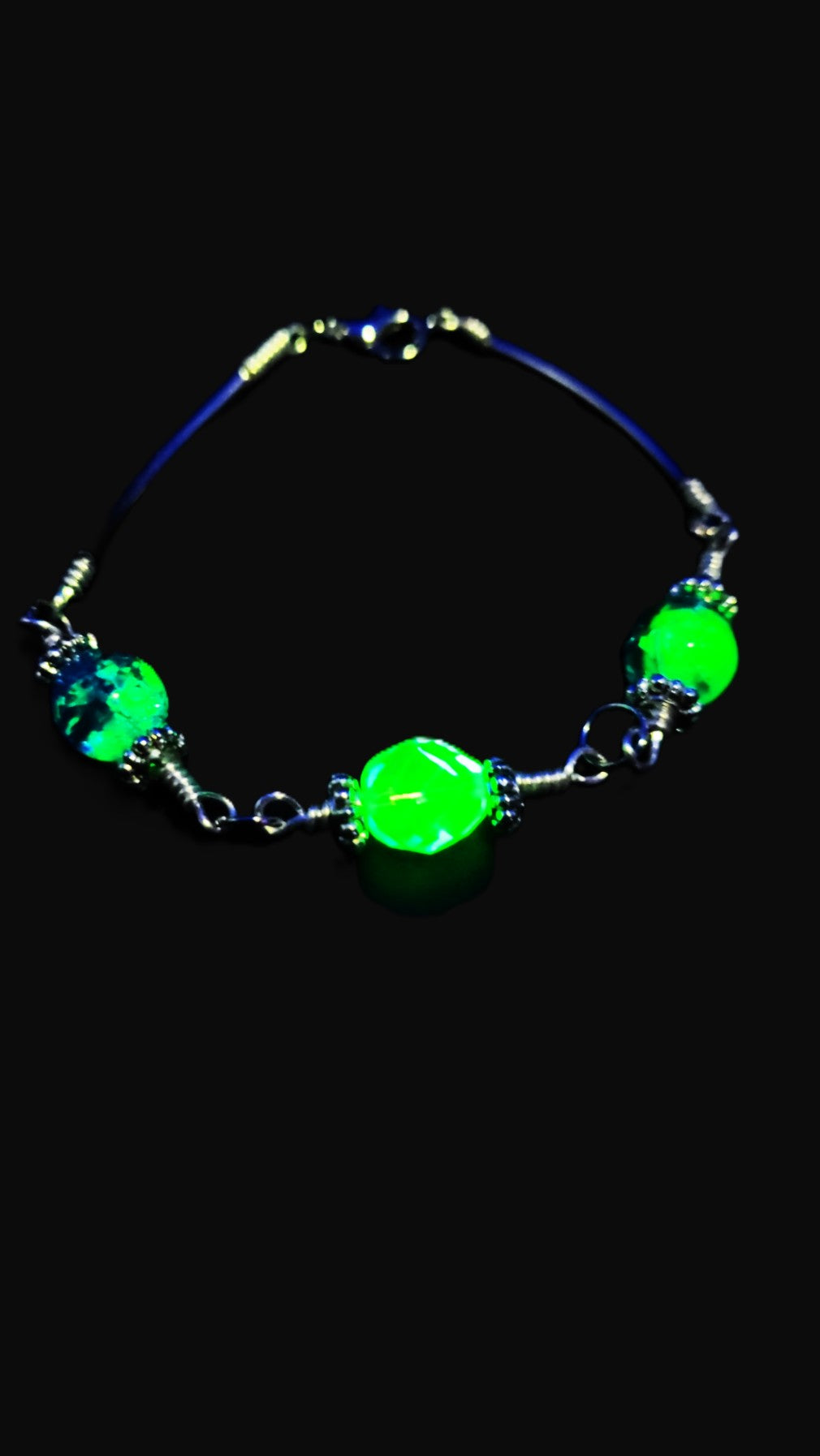 UV Glow Uranium Glass Hand Wired Czech Beads  7" Bracelet with Spacers