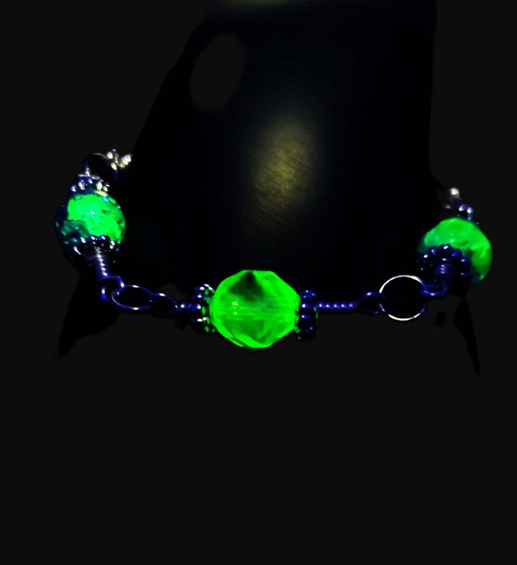 UV Glow Uranium Glass Hand Wired Czech Beads  7" Bracelet with Spacers