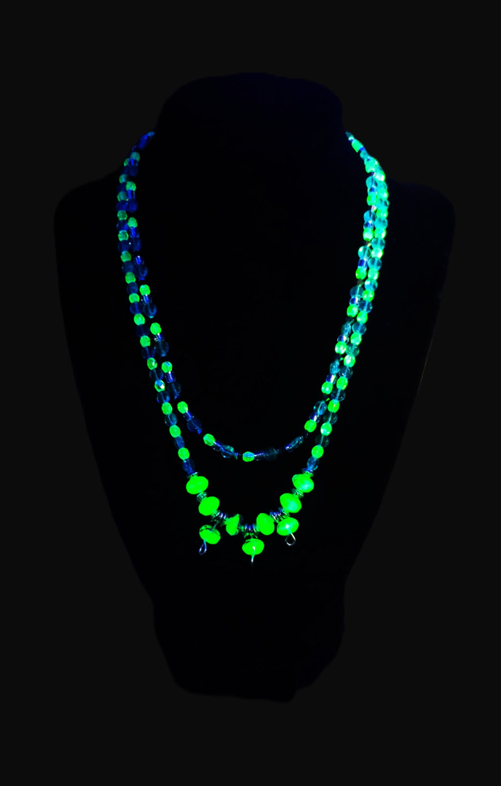 UV Glow with It! Uranium Czech Glass Double Strand 16 & 18" Stretch Necklace with Clasp
