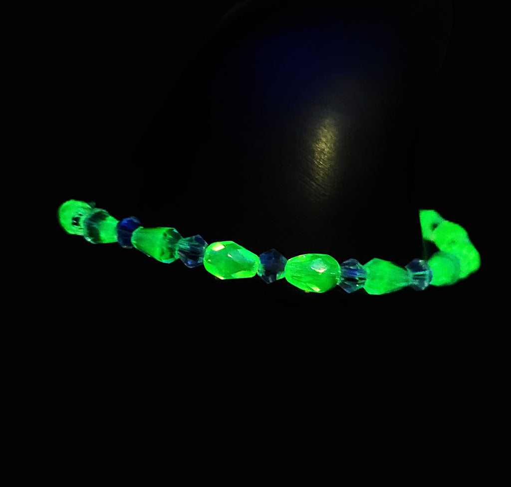 UV Glow Uranium Blue and Green Czech Glass Beads and Crystal 8" Bracelet and Earring Set