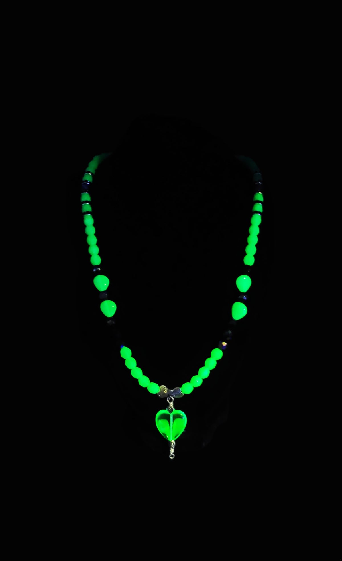 UV Glow Uranium Czech Glass Blue Beads and Black AB Glass 21" Heart Necklace and 2" Pendant