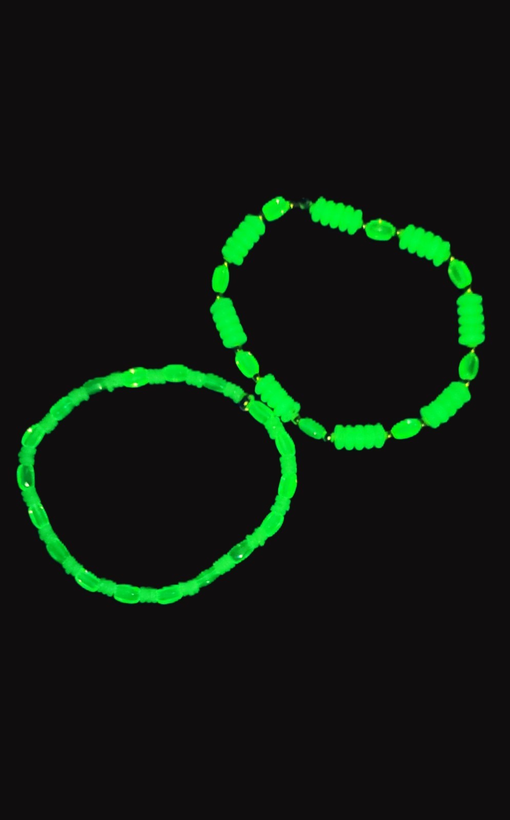 Uranium brilliant glow white and green glass bead 2 bracelet set, stretch with spacers 7"