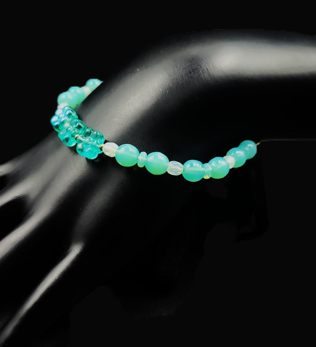 UV Glow Uranium Glass Flower and Blue and White Glass Beads UV 7.5" Toggle Bracelet