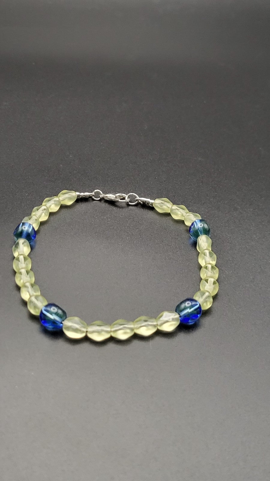 Uranium Beads Czech UV Green and Blue Glass Bead 8" Bracelet on Snake Chain