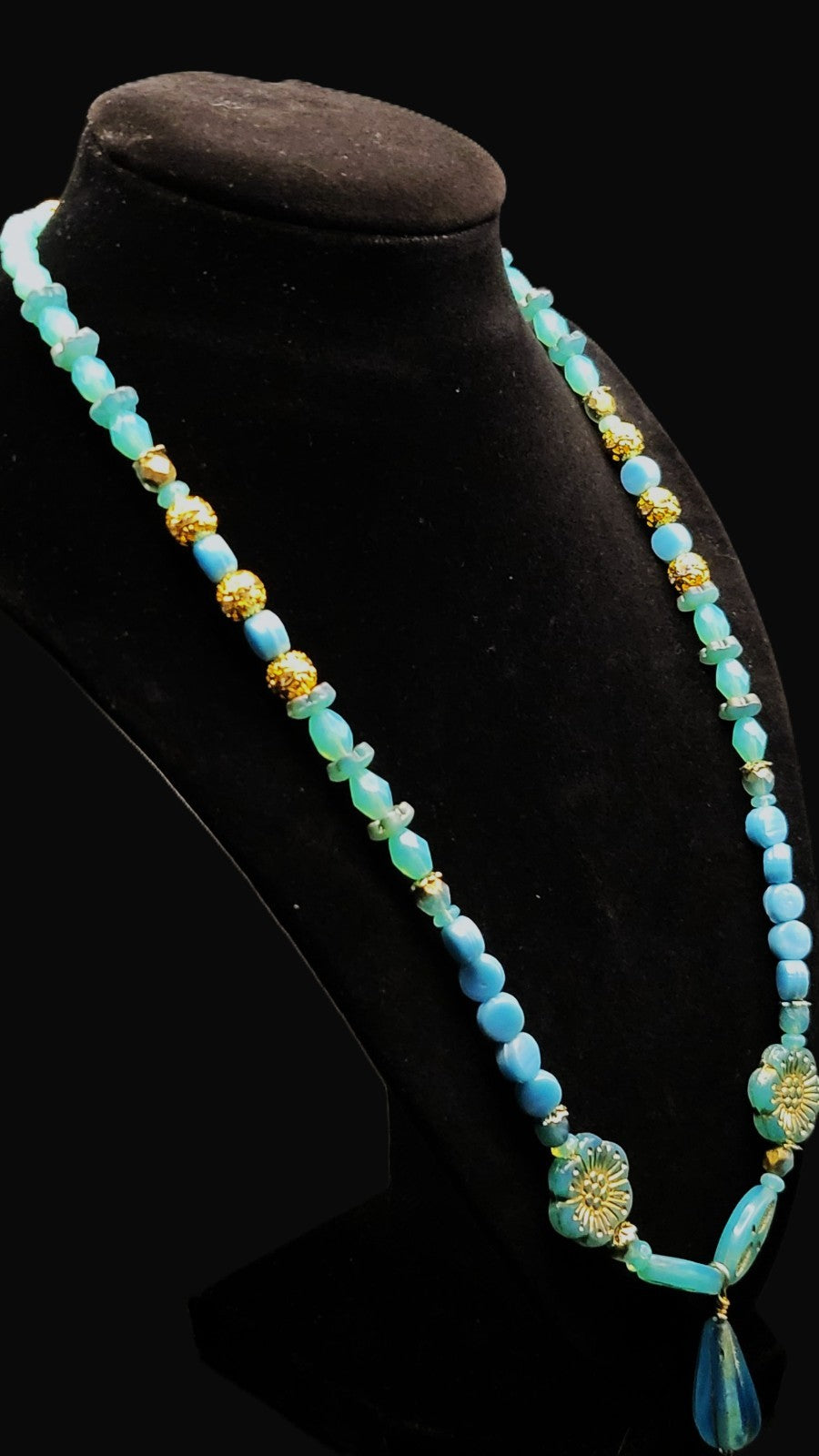 Uranium Czech UV Glass Beads and Genuine Turquoise 21" Necklace/ 1" Pendant