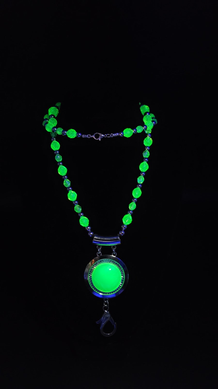 UV Glow Uranium Czech Glass Faceted Beads 26" Necklace/ 3" Opal Uranium Pendant and Lanyard