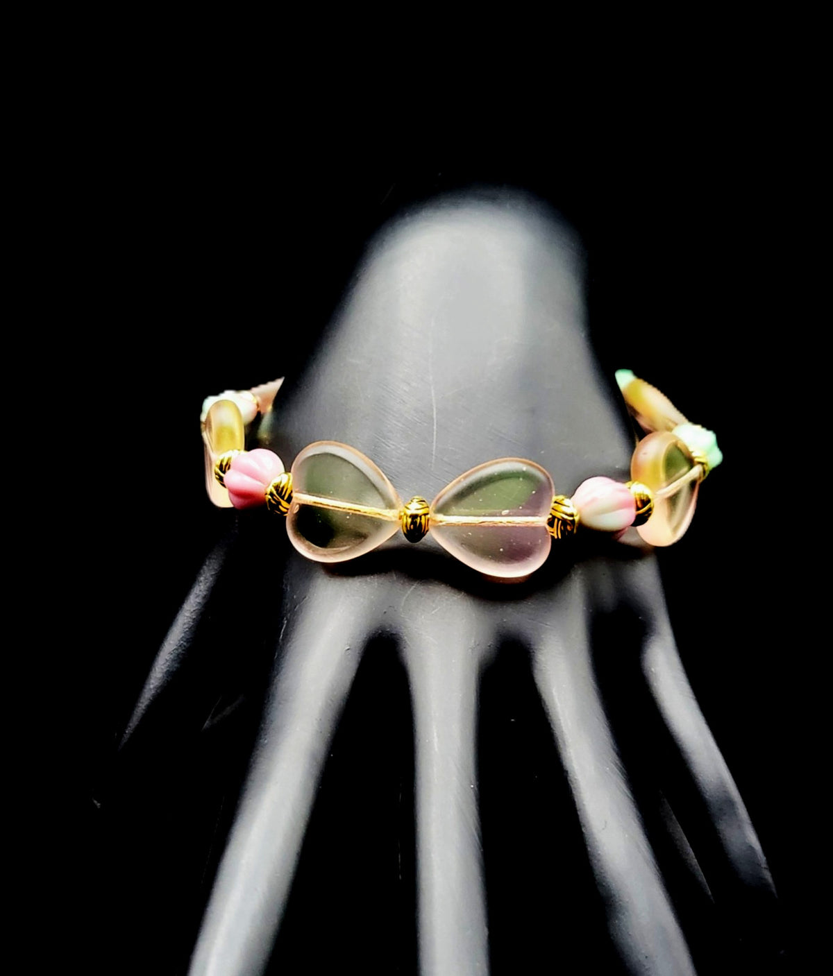 UV Glow With This Uranium Pink Hearts Gold Tone Memory Coil Wire Bracelet 8"