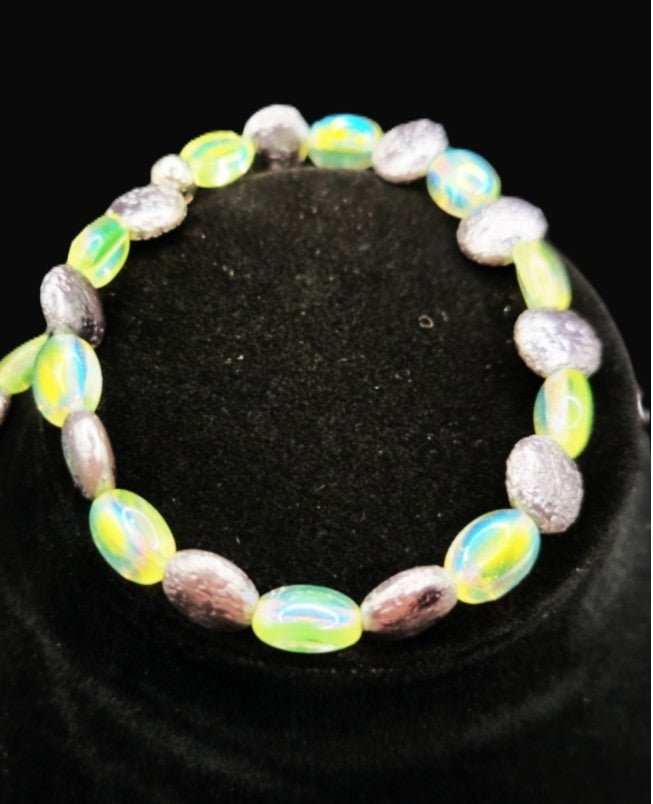 UV Glow Uranium Czech Vaseline Iridescent Glass and Antique Hematite Colored Glass Necklace and Bracelet Set