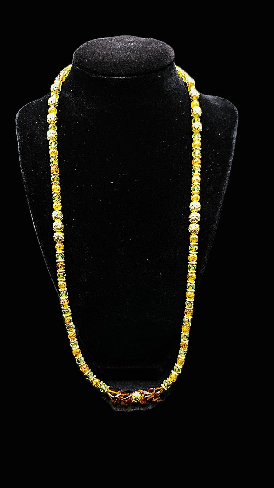 UV Glow Uranium Czech Glass Orange Crackle, Amber Colored and Green Beads 24" Fall Necklace with Spacers