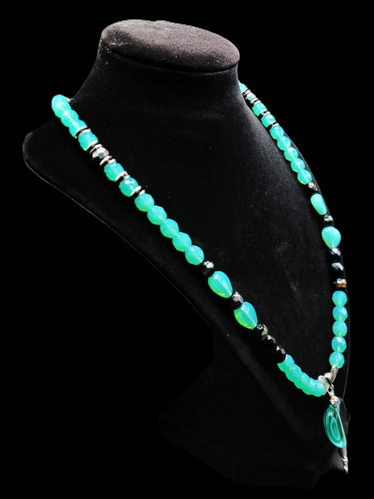 UV Glow Uranium Czech Glass Blue Beads and Black AB Glass 21" Heart Necklace and 2" Pendant