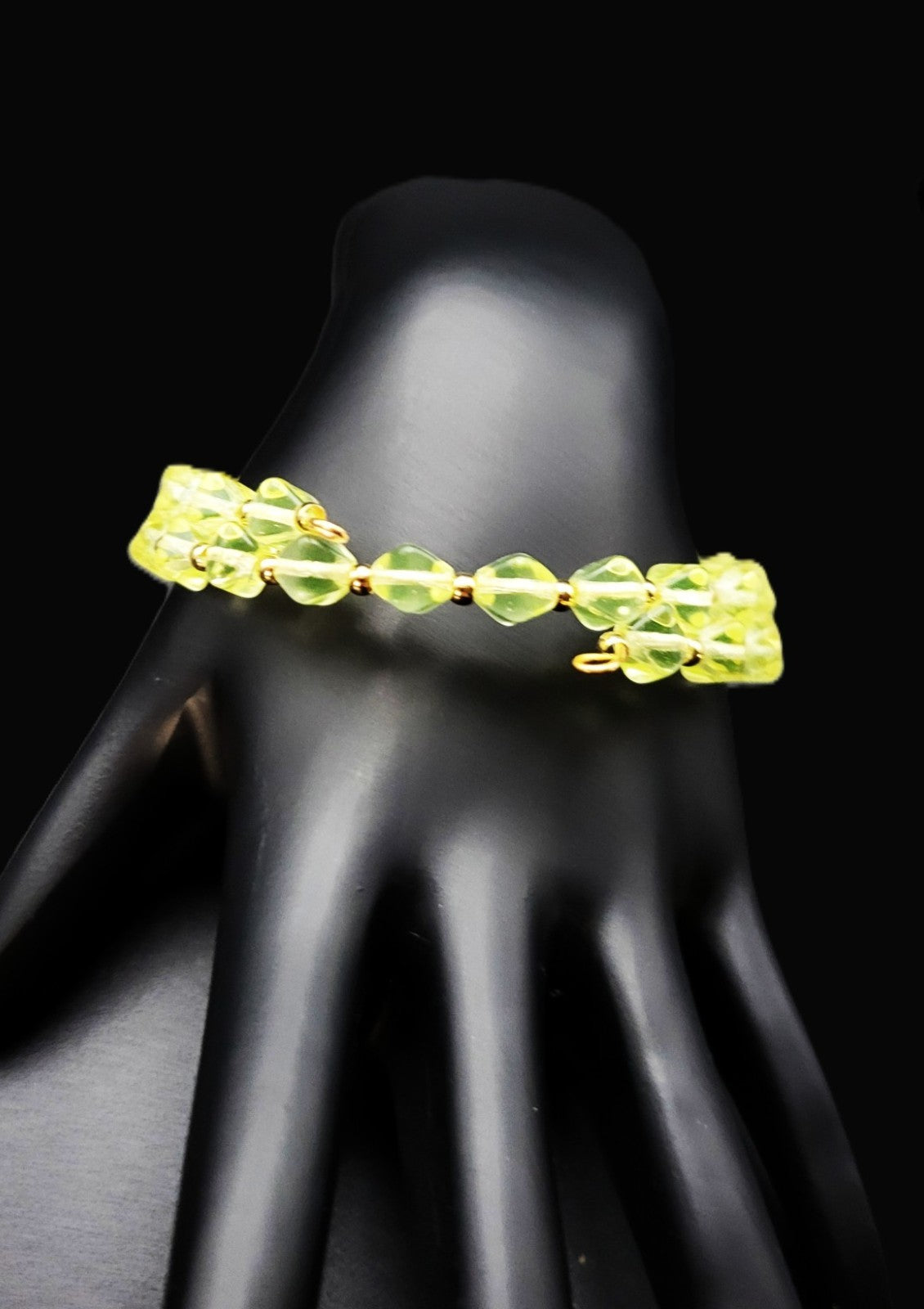 Uranium Glass Czech UV Bead Double Coil Memory Gold Tone Wire Bracelet