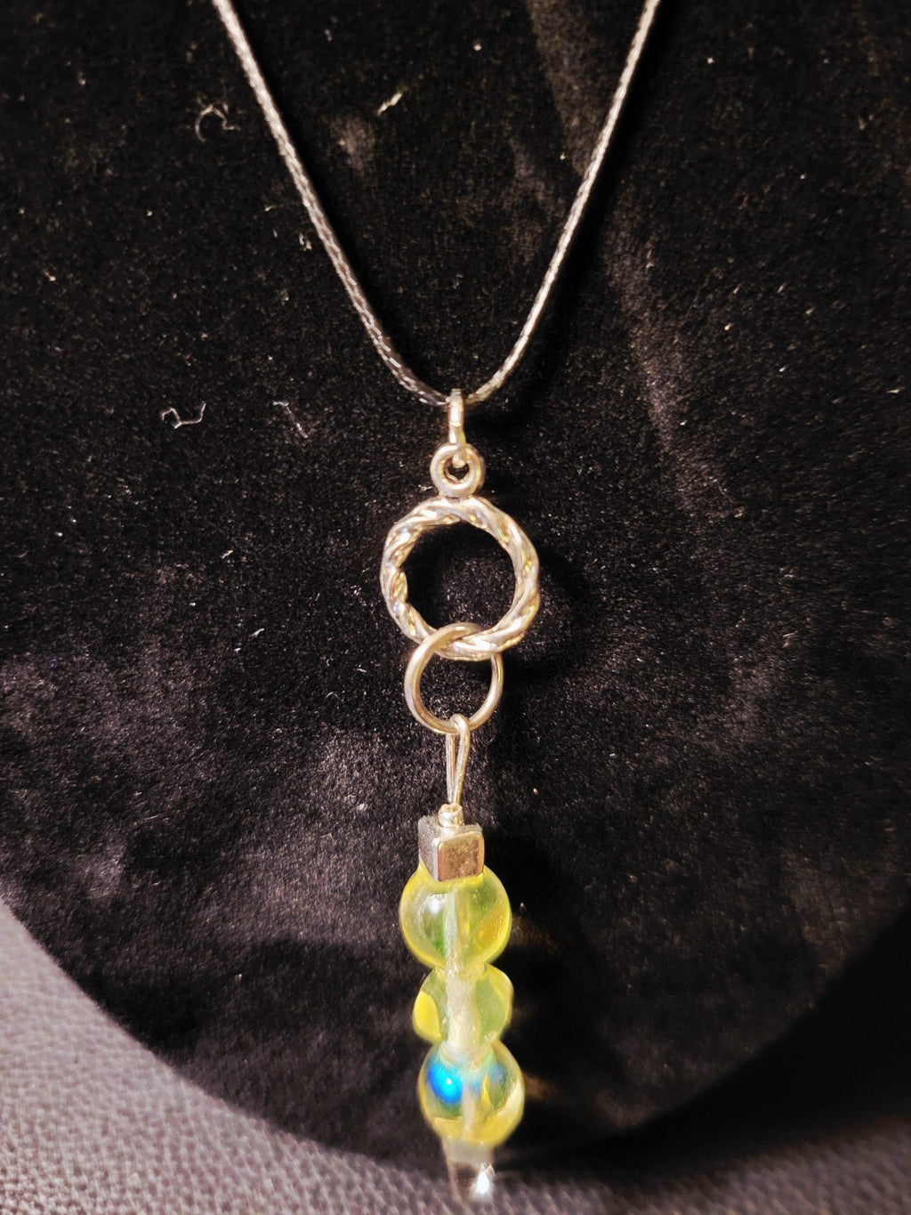 UV Uranium Resin Coated Glass Beads Pendant On a 17" Braided Cord Necklace