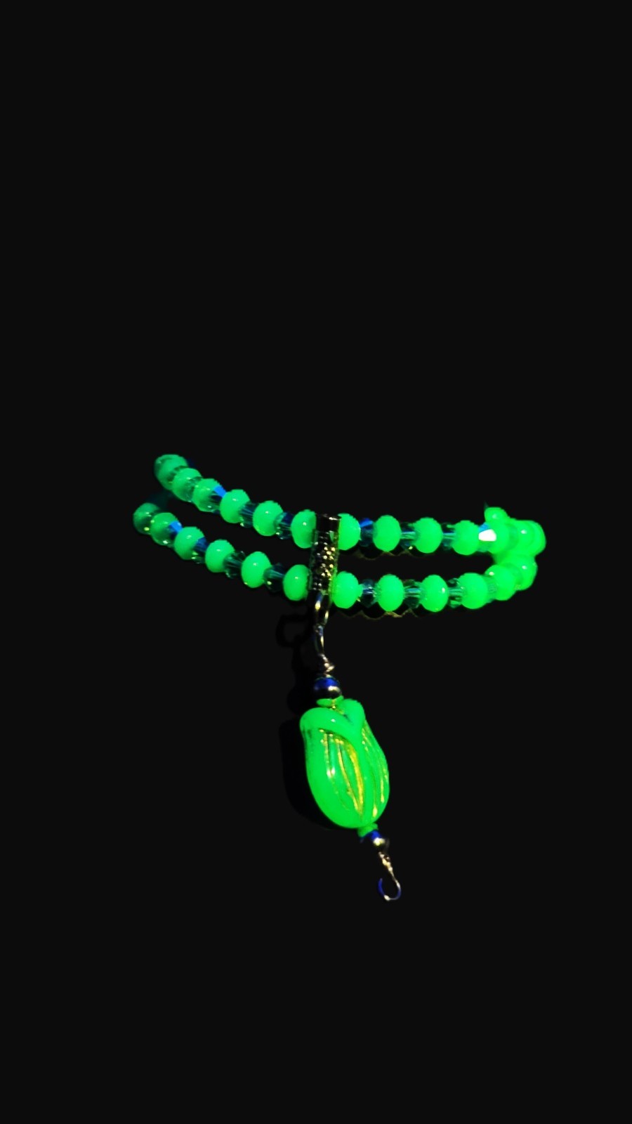UV Uranium Czech Double Strand Aqua Glass Beads and Crystals, Bracelet 8" with Center Dangle