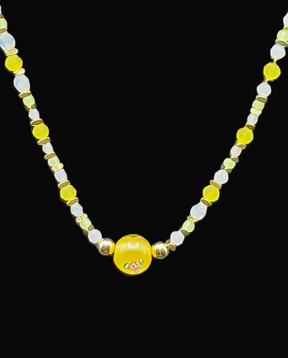 Uranium White and Green Glass Beads, UV Reactive Myuki Bead 16" Necklace