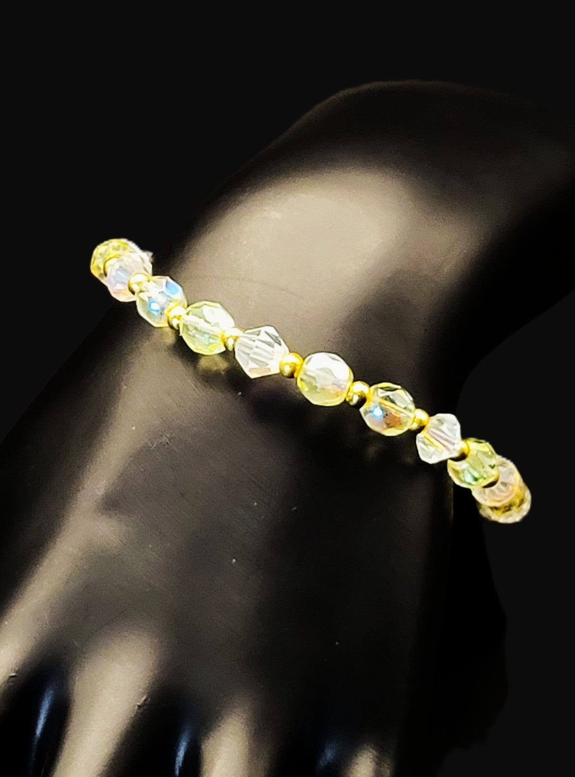 Uranium Glow Czech Glass AB Beads and Crystals Bracelet 8" Stretch with Spacers
