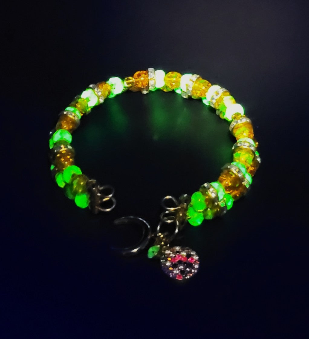 UV Glow Czech Orange Crackle Ball Double Strand 7" Coil Bracelet with Charms
