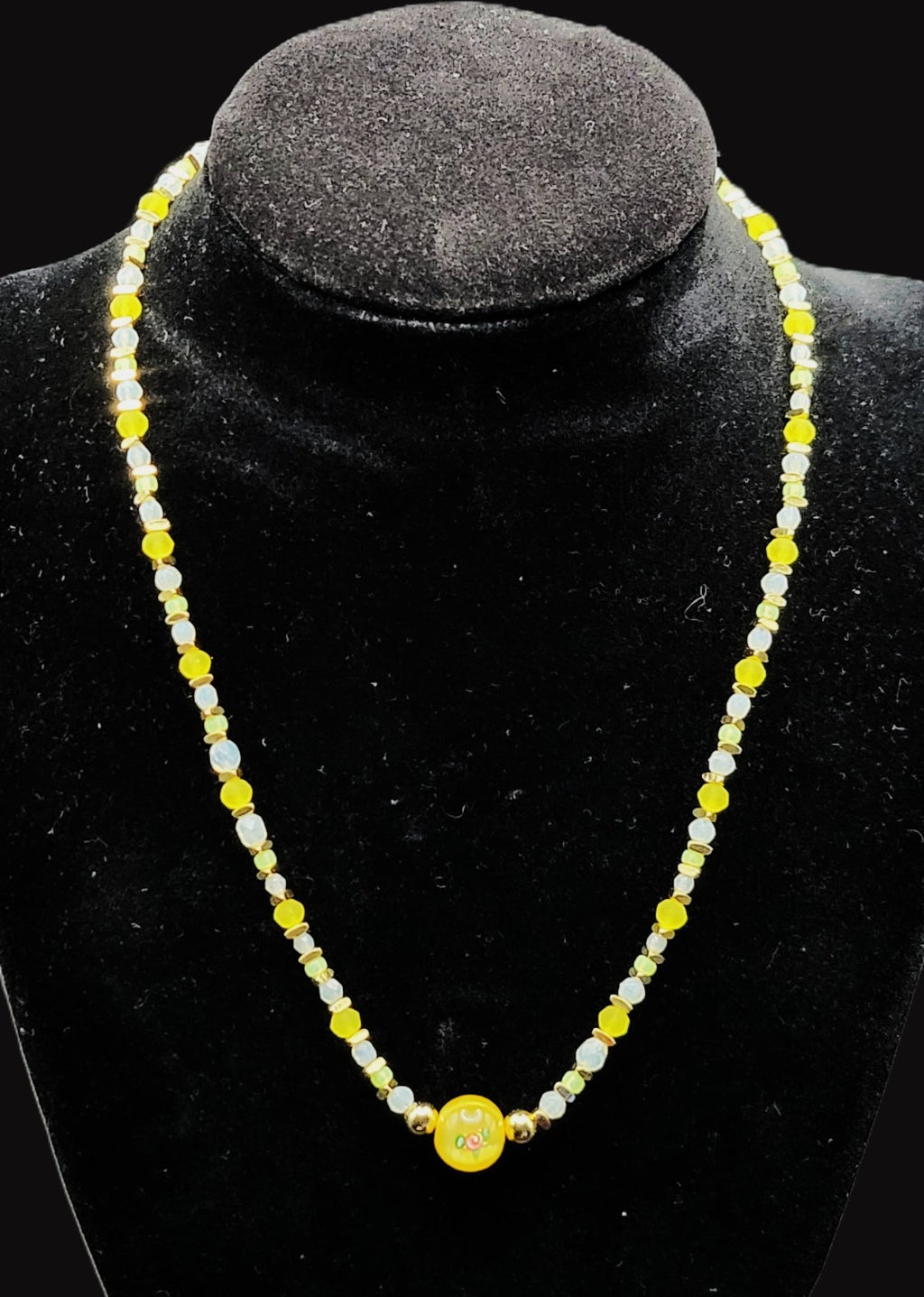 Uranium White and Green Glass Beads, UV Reactive Myuki Bead 16" Necklace