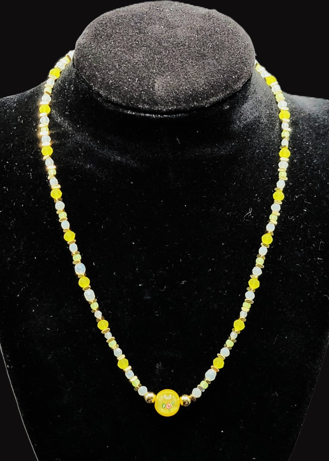 Uranium White and Green Glass Beads, UV Reactive Myuki Bead 16" Necklace