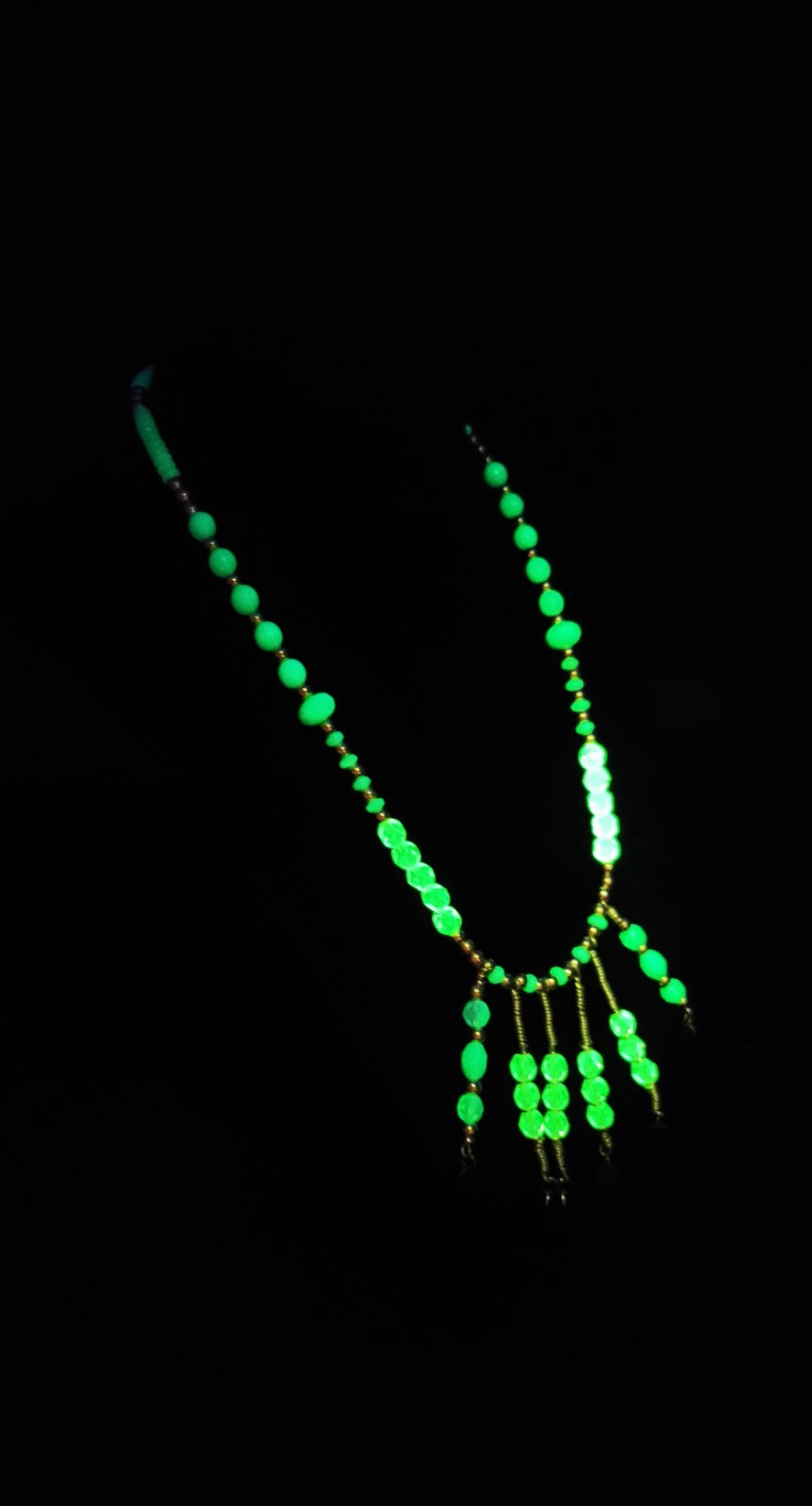 Uranium Turquoise and Green Colored Glass Beads, Hand Wired Dangles 16" Necklace
