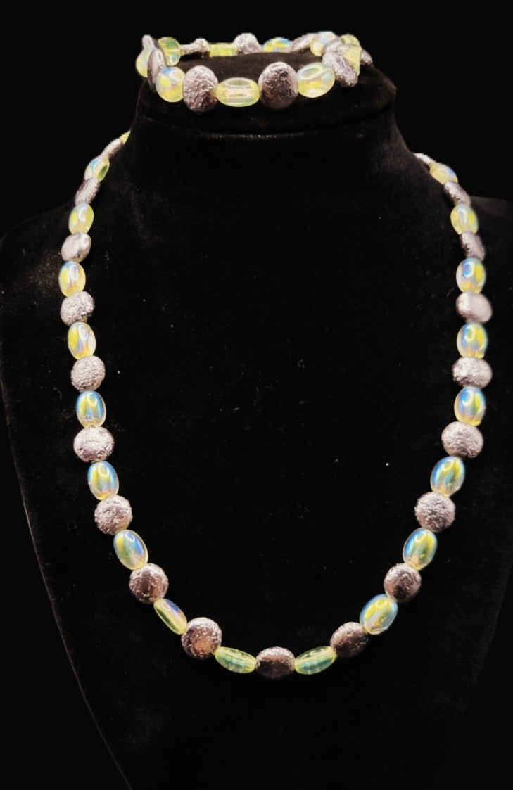 UV Glow Uranium Czech Vaseline Iridescent Glass and Antique Hematite Colored Glass Necklace and Bracelet Set