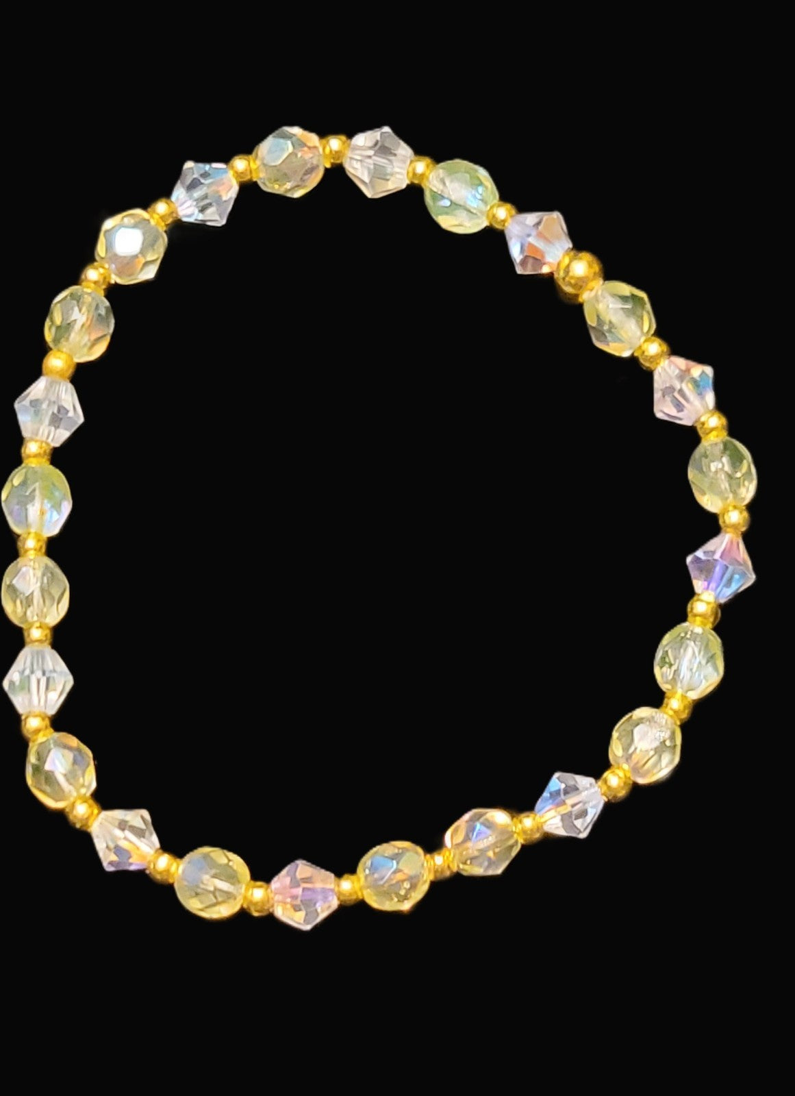 Uranium Glow Czech Glass AB Beads and Crystals Bracelet 8" Stretch with Spacers