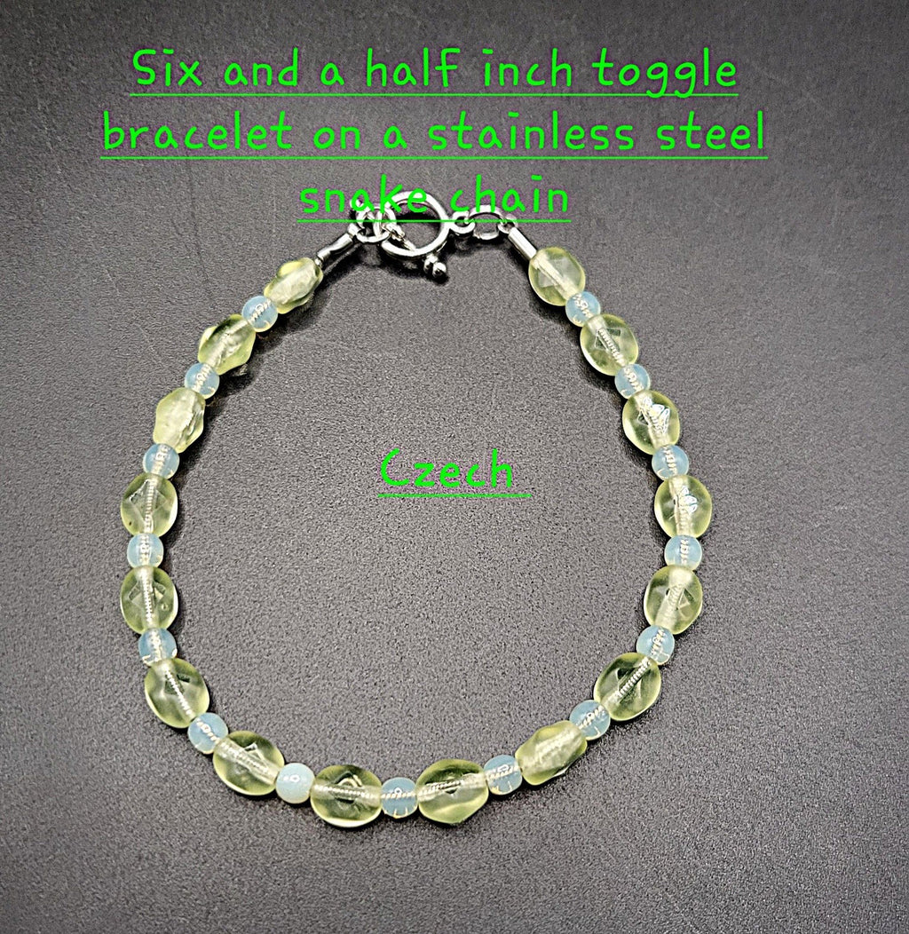 UV Glow Uranium Czech Glass Bead Bracelet Bundle, Coil Bangle, Stretch and Chained From 6.5 - 9"