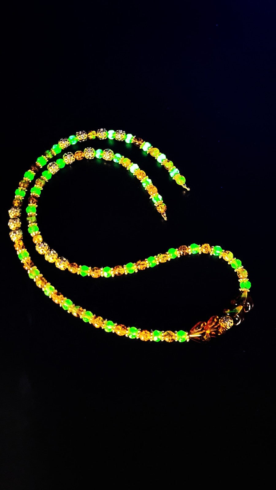 UV Glow Uranium Czech Glass Orange Crackle, Amber Colored and Green Beads 24" Fall Necklace with Spacers