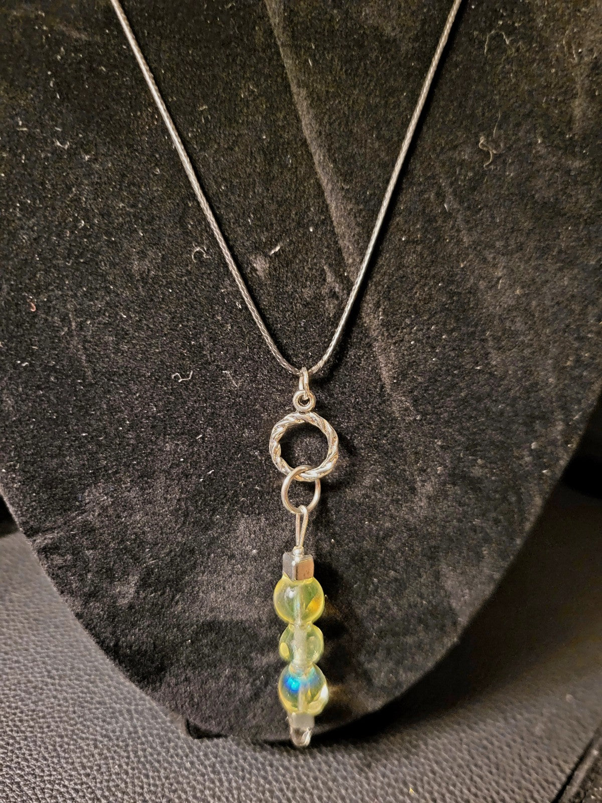 UV Uranium Resin Coated Glass Beads Pendant On a 17" Braided Cord Necklace