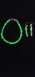 UV Glow Uranium Blue and Green Czech Glass Beads and Crystal 8" Bracelet and Earring Set