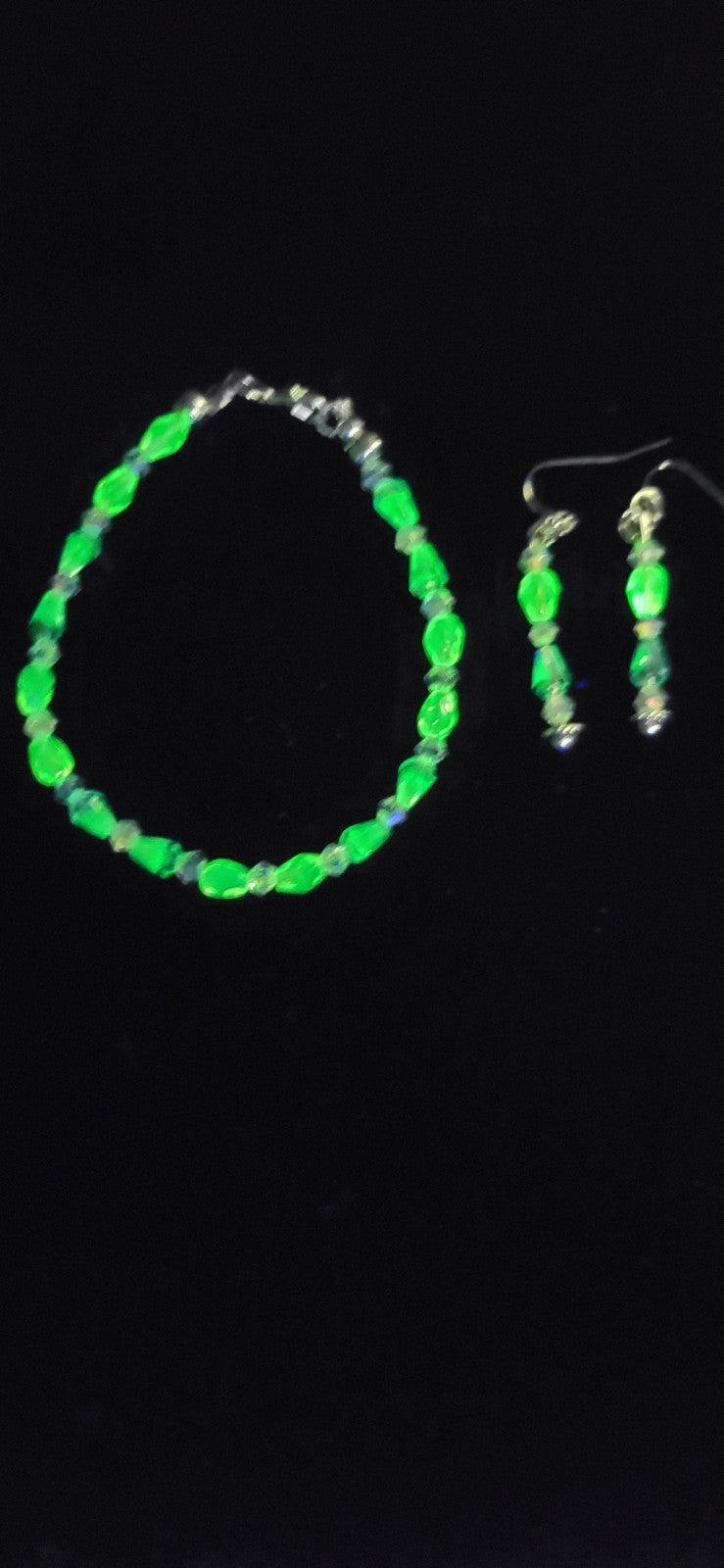 UV Glow Uranium Blue and Green Czech Glass Beads and Crystal 8" Bracelet and Earring Set