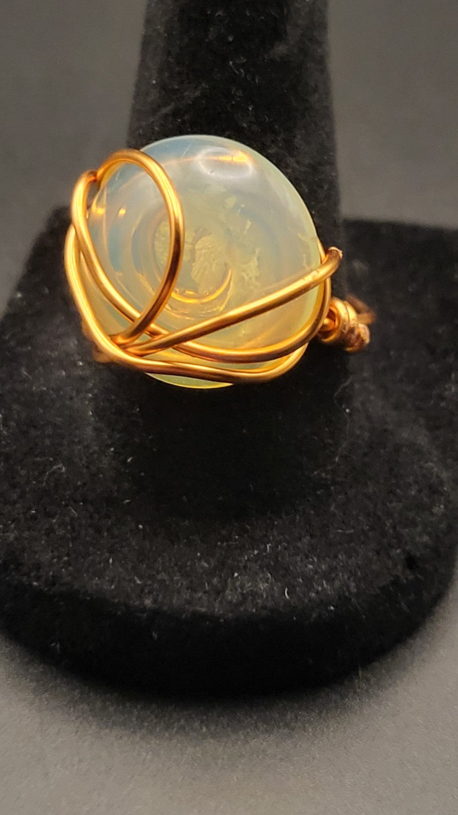 Uranium Great Glow White Czech Glass Cabochon Hand Wired Copper Ring size 8
