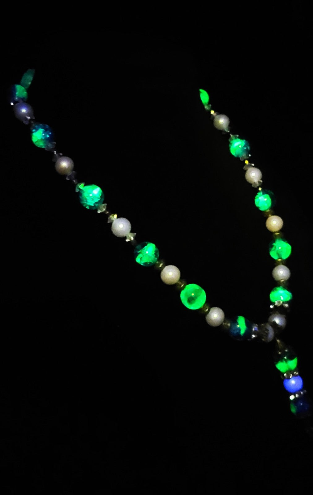 Uranium UV Reactive Czech Blue Glass Beads and Faux Pearls 16" Necklace
