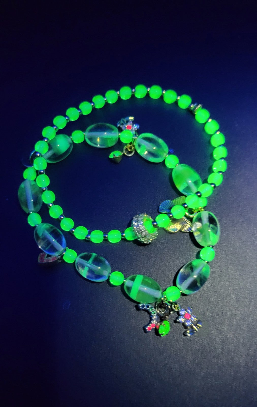 Glow With This! Czech Green and Aqua 2 Stretch Bracelet Set with Charms 7"