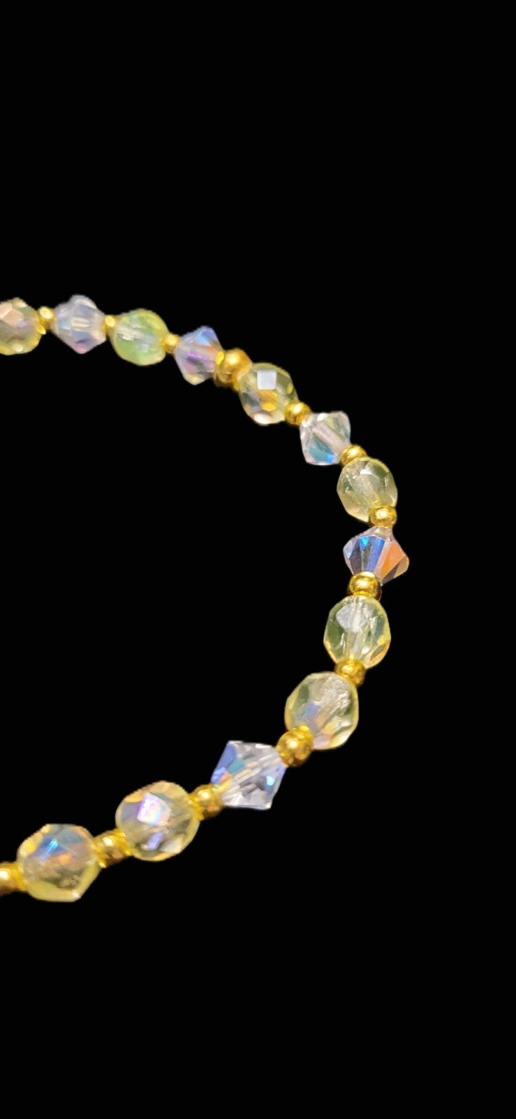 Uranium Glow Czech Glass AB Beads and Crystals Bracelet 8" Stretch with Spacers