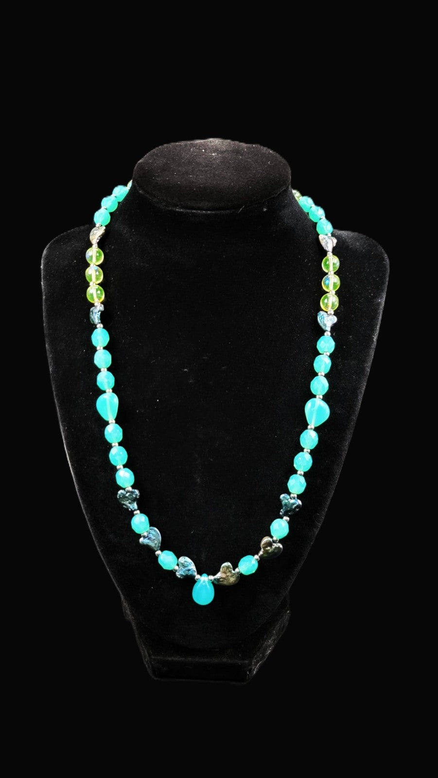 UV Glow Uranium Czech Blue Glass Beads with Black Cultured Pearl Hearts 20" Necklace