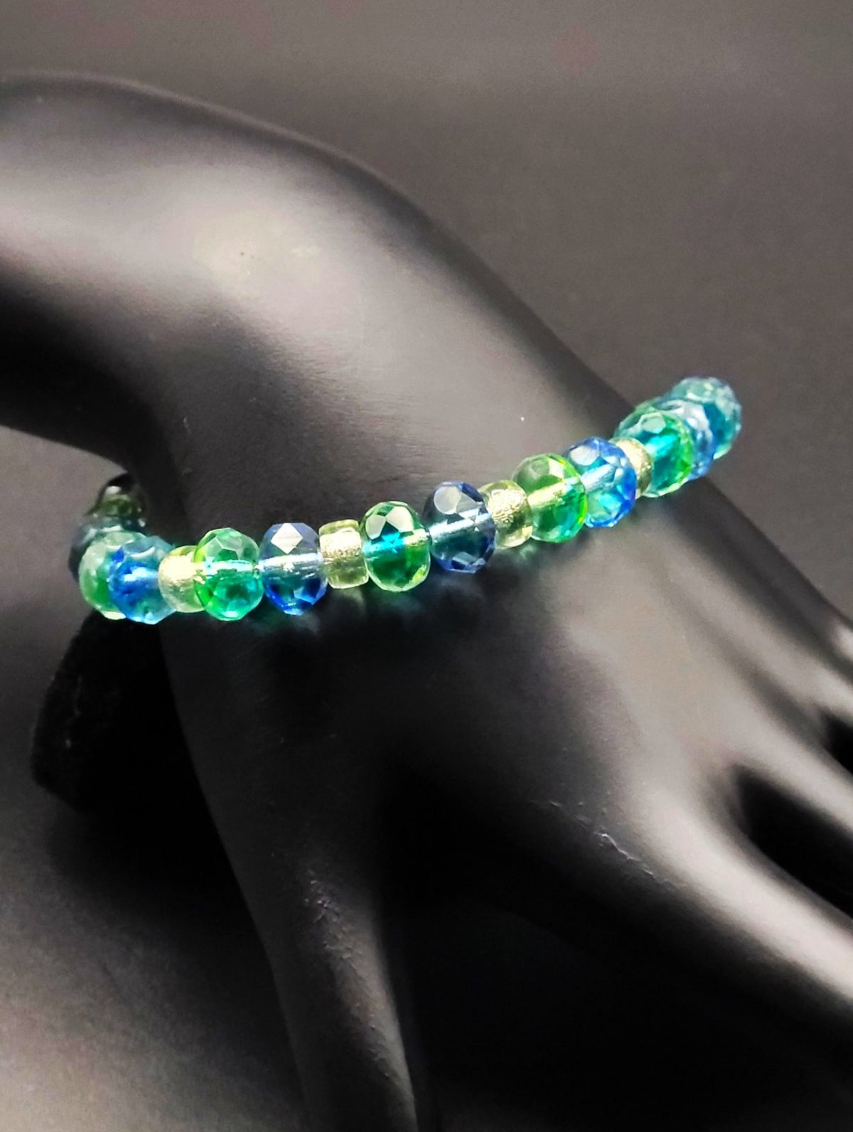 UV Glow Uranium Czech Blue and Green Glass Bead Bracelet Strung on a Snake Chain 8"