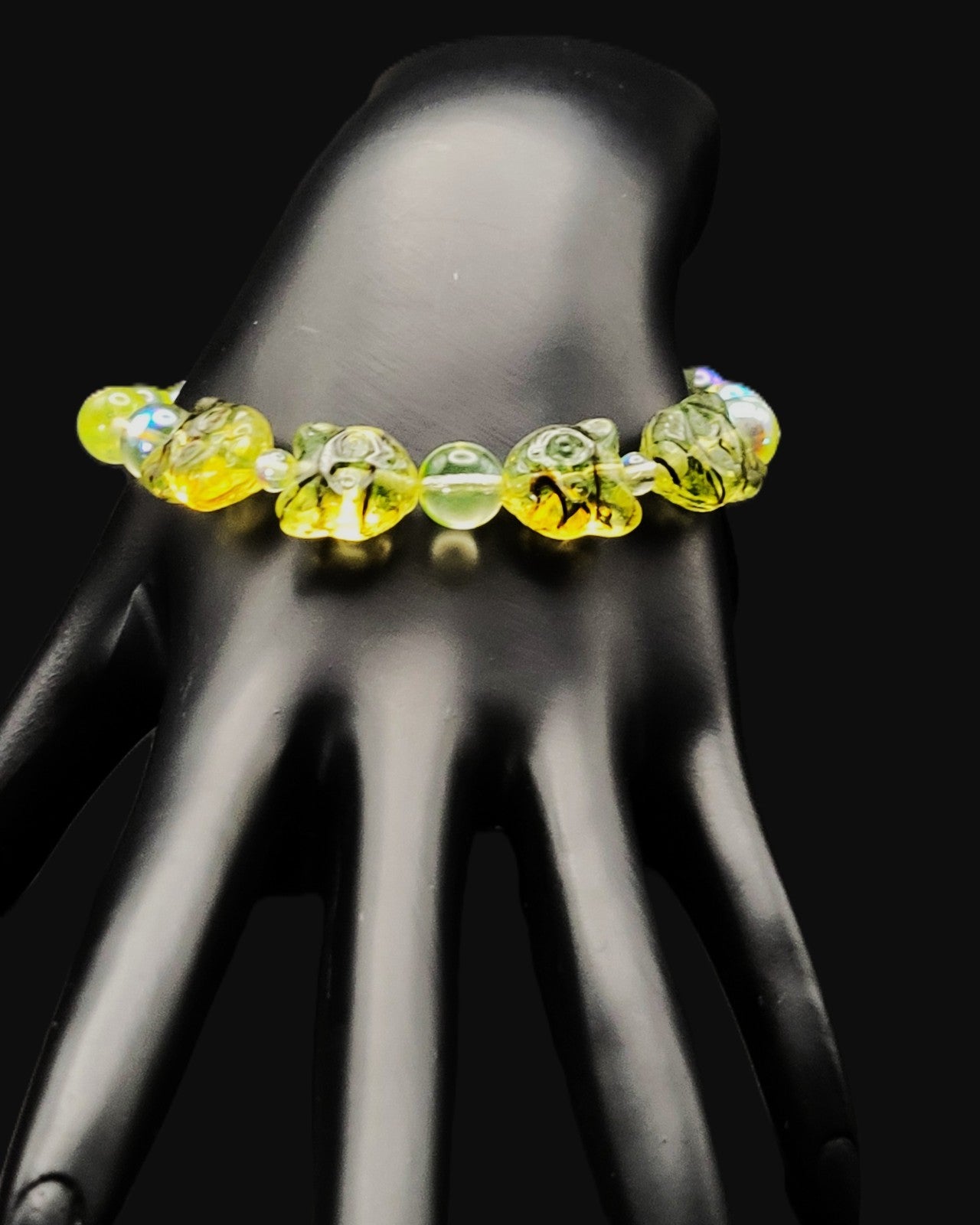 UV Glow Czech Glass Uranium Glass Cat Face Beads 8" Stretch Bracelet