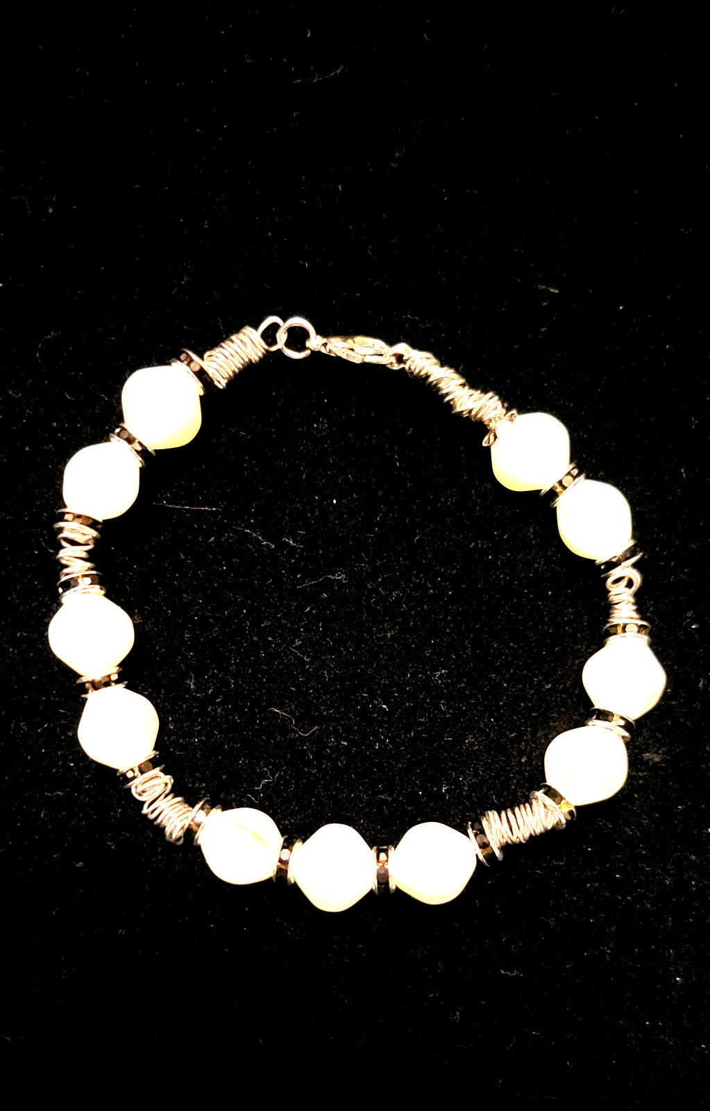 UV White Uranium Glass Beads, Hand wired 8" Silver tone Bracelet Black Spacers