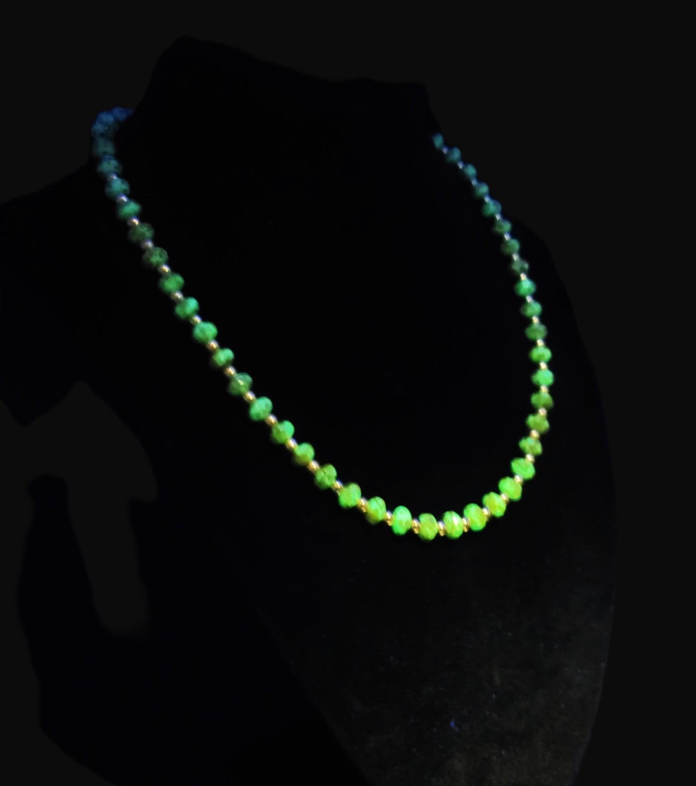 Uranium UV Czech Picasso Teal Fire Polished Glass Beads 16" Necklace