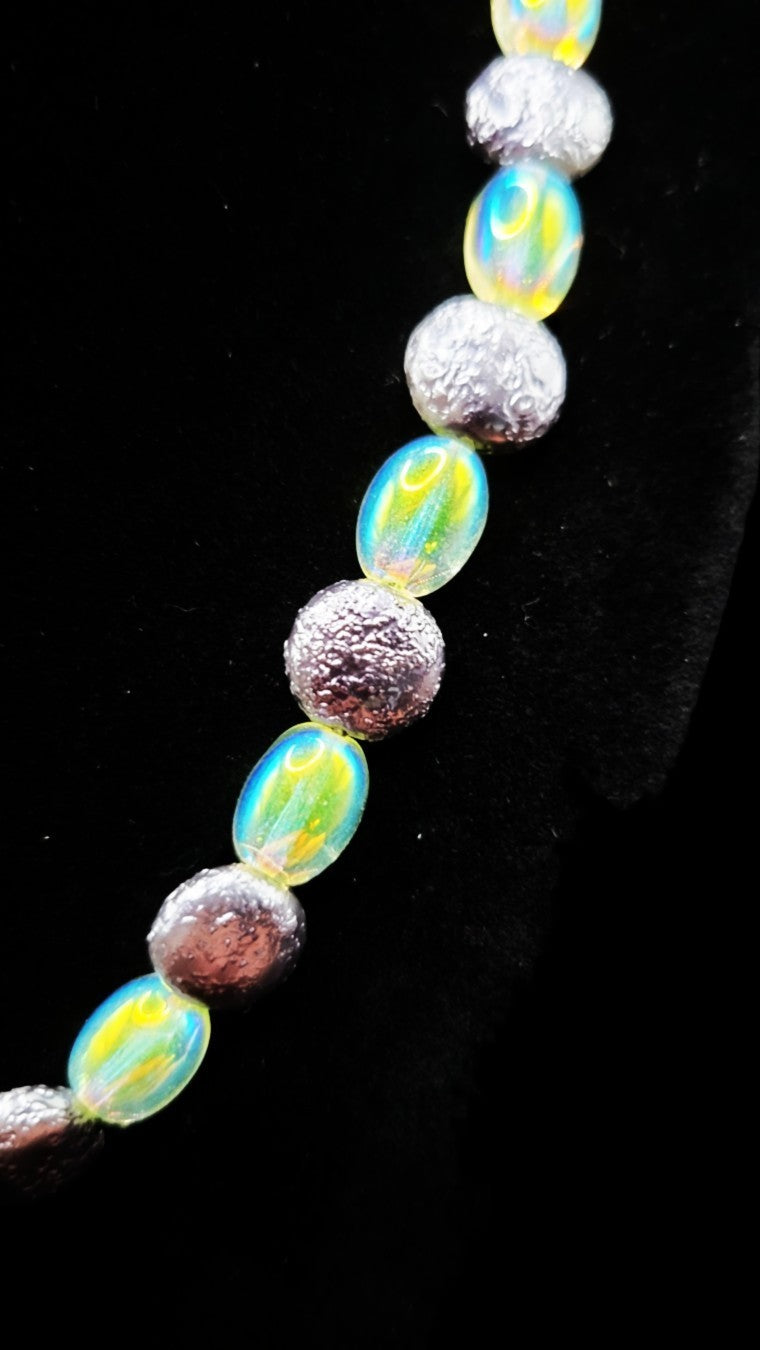 UV Glow Uranium Czech Vaseline Iridescent Glass and Antique Hematite Colored Glass Necklace and Bracelet Set