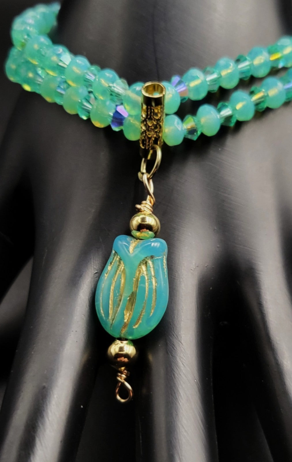 UV Uranium Czech Double Strand Aqua Glass Beads and Crystals, Bracelet 8" with Center Dangle