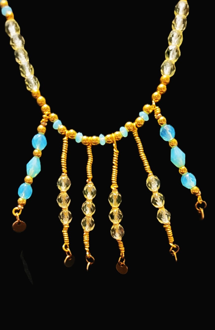 Uranium Turquoise and Green Colored Glass Beads, Hand Wired Dangles 16" Necklace