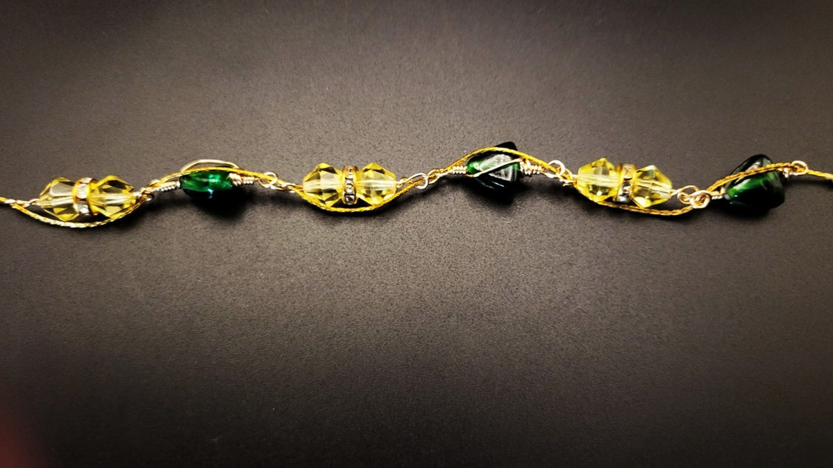 Uranium Czech UV Glow Yellow Glass and Antigue Emerald Green Glass 7.5" Bracelet