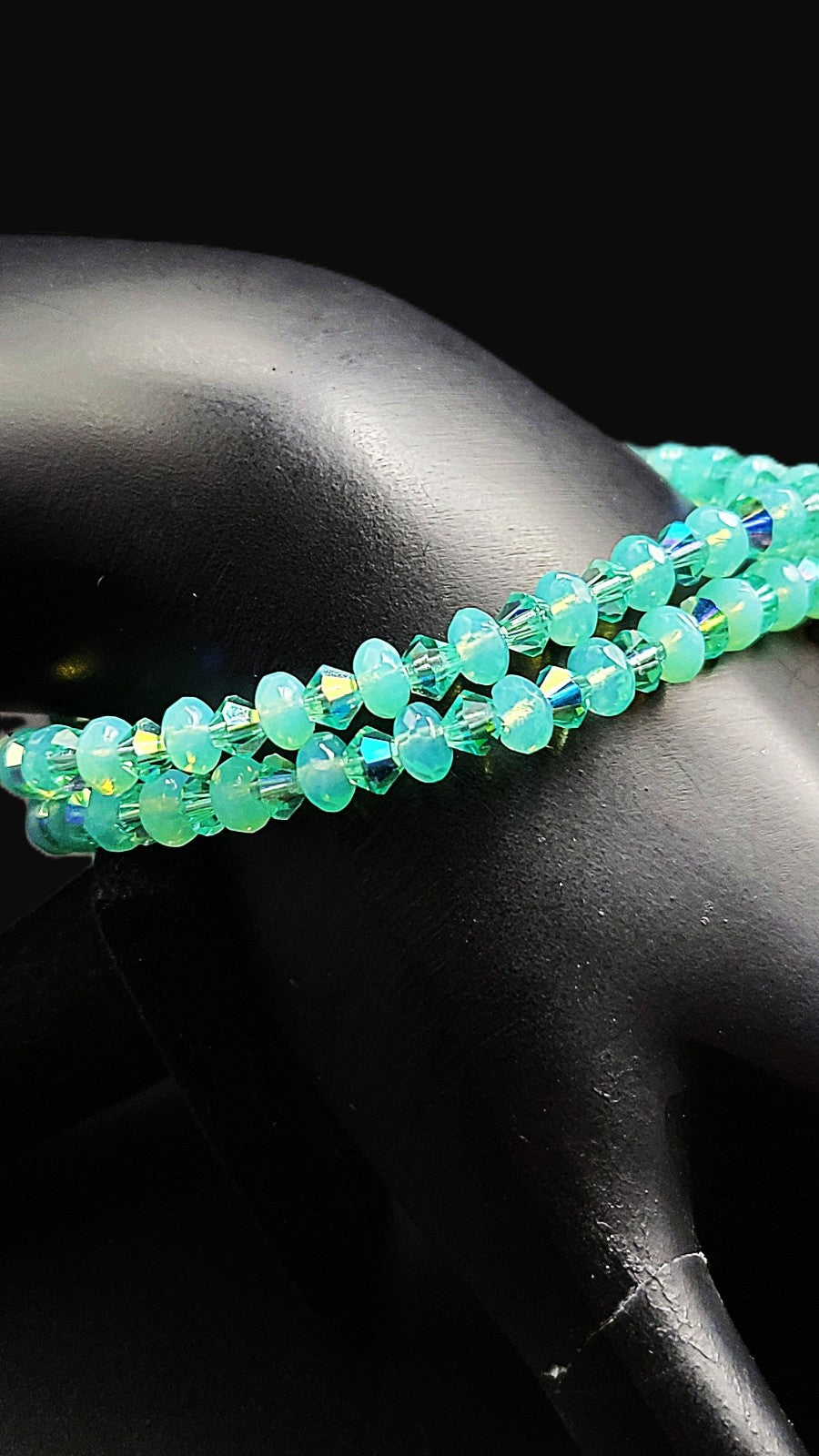 UV Uranium Czech Double Strand Aqua Glass Beads and Crystals, Bracelet 8" with Center Dangle